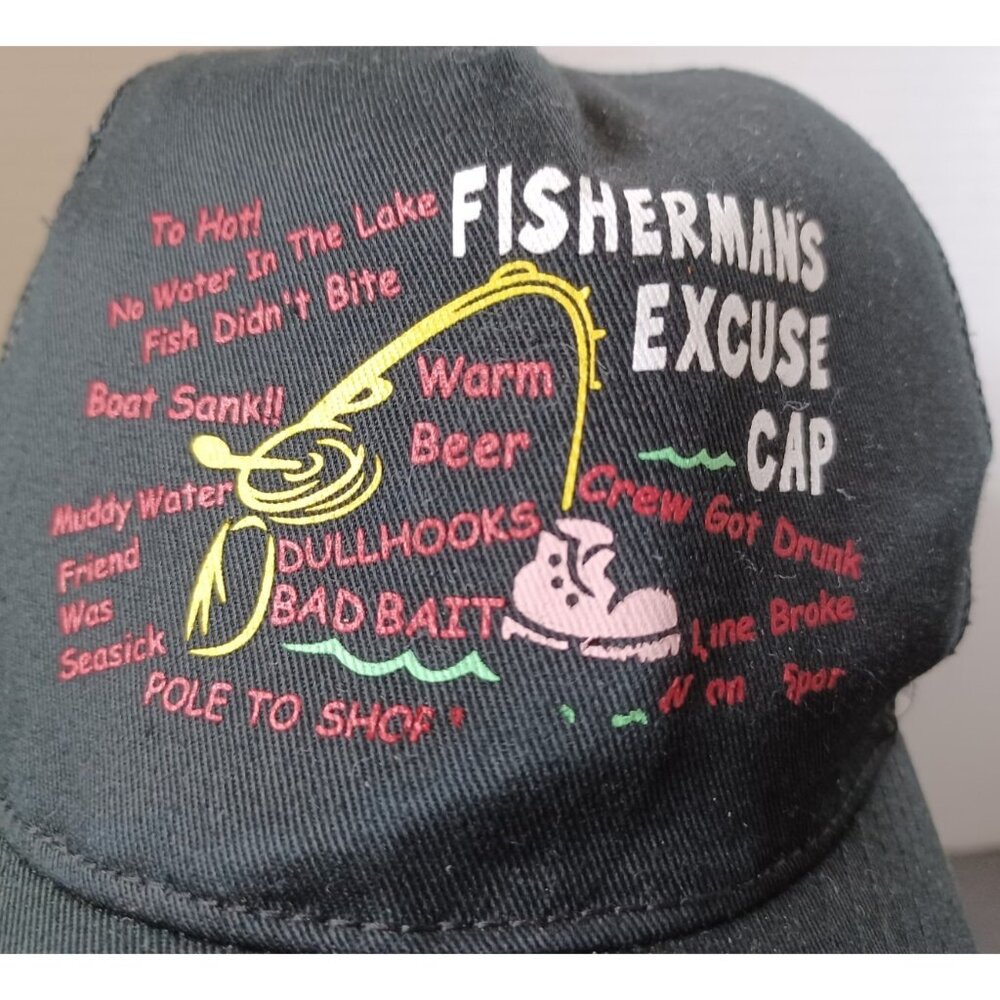Vintage Fisherman's Excuses Black Hat Trucker Mesh Snapback Rope 90s Cap - Picture 2 of 8